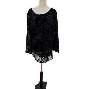Vtg 90s Black Velvet Burnout Floral Top Sheer Whimsigoth Fairy Goth‎ XL Boho